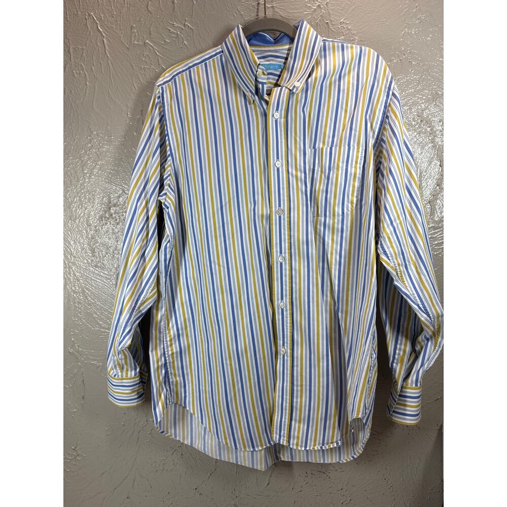 J. McLaughlin Preppy Men's Blue Yellow White Striped Cotton Dress Shirt Large